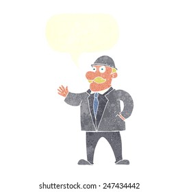 cartoon sensible business man in bowler hat with speech bubble