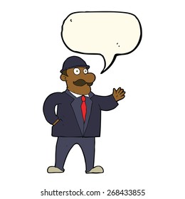 cartoon sensible business man in bowler hat with speech bubble