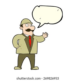 cartoon sensible business man in bowler hat with speech bubble