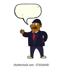 cartoon sensible business man in bowler hat with speech bubble