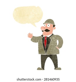 cartoon sensible business man in bowler hat with speech bubble