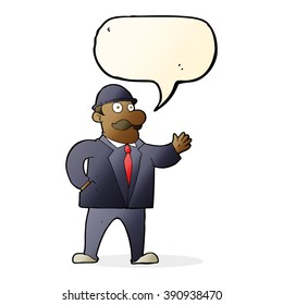 cartoon sensible business man in bowler hat with speech bubble