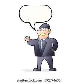 cartoon sensible business man in bowler hat with speech bubble