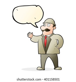 cartoon sensible business man in bowler hat with speech bubble