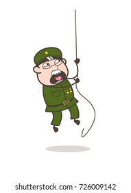 Cartoon Sergeant Climbing Rope in Training Vector Illustration