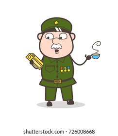 Cartoon Sergeant Holding a Book and Hot Coffee Vector Illustration