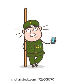 Cartoon Sergeant Showing Music Device Vector Illustration