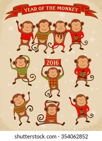 Cartoon series Chinese Zodiac Monkeys - 2016 New Year Symbol. Vector illustration.