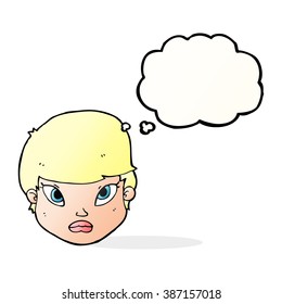 cartoon serious face with thought bubble