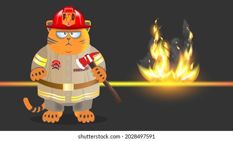 Cartoon serious fat red displeased cat firefighter with a red ax and uniform against a background of bright flames