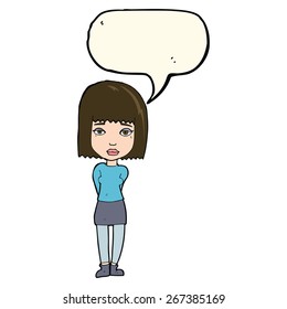 cartoon serious girl with speech bubble