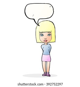 cartoon serious girl with speech bubble