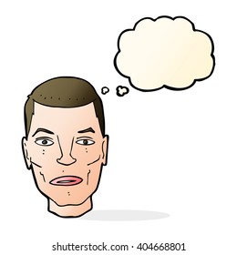 cartoon serious male face with thought bubble