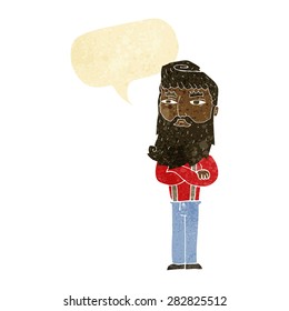 cartoon serious man with beard with speech bubble