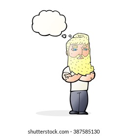 cartoon serious man with beard with thought bubble