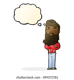 cartoon serious man with beard with thought bubble