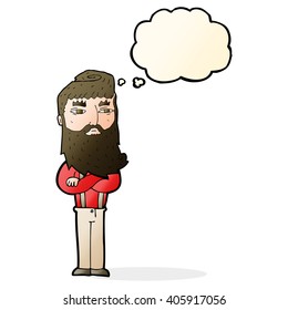 cartoon serious man with beard with thought bubble