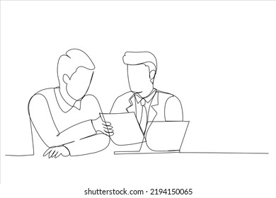 Cartoon of serious supervisor analyse financial report of responsible worker. Continuous line art style
