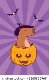 Cartoon seriously looking capybara sit in Halloween pumpkin.