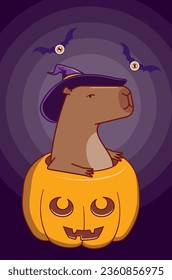 Cartoon seriously looking capybara sit in Halloween pumpkin.