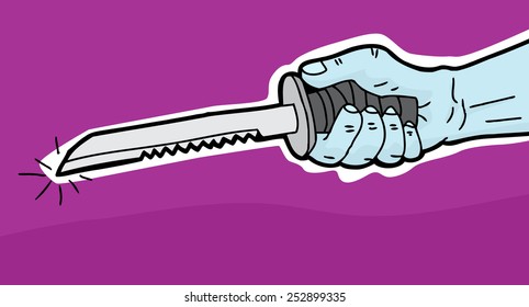 Cartoon serrated dagger in hand over purple background