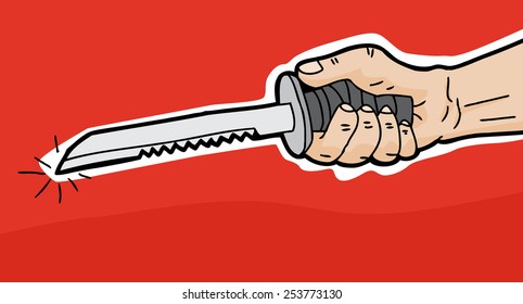Cartoon serrated dagger in hand over red background