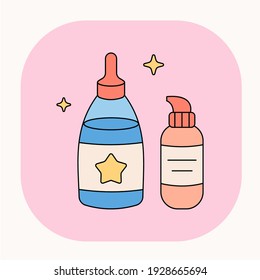 Cartoon serum bottle. Fancy skin care products. Cute doodle face lotion illustration. Two bottles with beauty face care cosmetics. Korean cosmetic cleansers on pink background. Beauty vector.