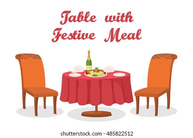 Cartoon Served Holiday Table with Festive Meal, Bottle of Champagne Wine, Napkins, Plates, Two Chairs, Isolated on White Background. Eps10, Contains Transparencies. Vector