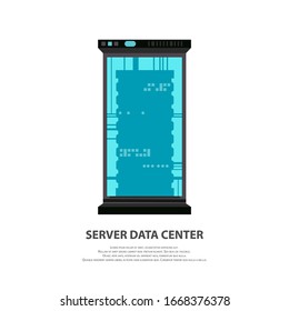 Icono del centro de datos del servidor de caricaturas en estilo plano aislado en blanco. Gran rack de datos para estación de trabajo en la nube. Centro de datos de ilustraciones de vectores