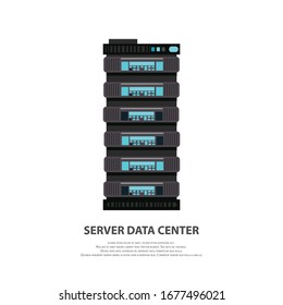 Cartoon server data center icon in flat style isolated on white. Big data computer rack for cloud workstation. Vector illustration datacenter