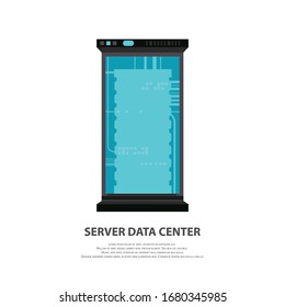 Cartoon server data center icon in flat style isolated on white. Big data computer rack for cloud workstation. Vector illustration datacenter