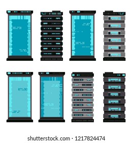 Cartoon server racks icon set in flat style. Equipment for server farm databases. Vector illustration cloud infrastructure concept