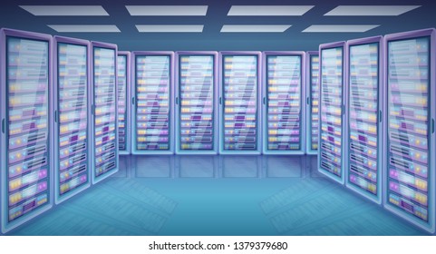 cartoon server room with cabinets with servers, vector illustration