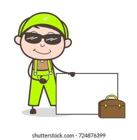 Cartoon Serviceman with Advertisement Banner Vector Illustration