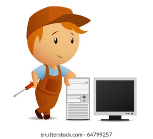Cartoon serviceman with screwdriver rest on the computer