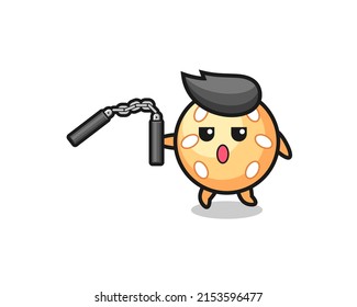 cartoon of sesame ball using nunchaku , cute design