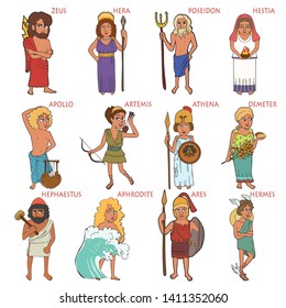 cartoon set of 12 ancient main Greek gods, funny colorful vector characters