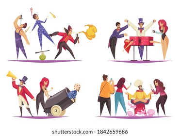 Conjunto de dibujos animados de composiciones 2x2 con malabaristas de circo magos y audiencia aislados en ilustración vectorial de fondo blanco