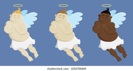 cartoon set of 3 angels. vector illustration of indian or afro-american, asian and european angels. 