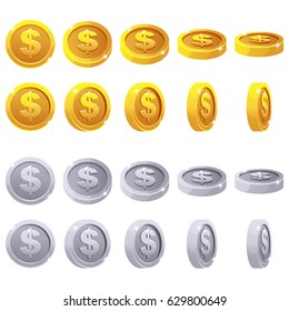 Cartoon set of 3D metallic coins, vector animation game rotation. Gold and silver dollar simbol