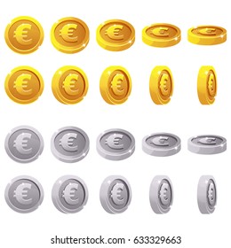 Cartoon set of 3D metallic coins, vector animation game rotation. Gold and silver euro simbol