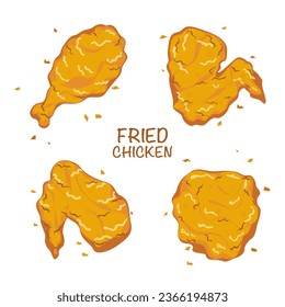 Cartoon set of 4 crispy fried chicken, thigh meat, chicken wings, chicken thighs, crunchy fast food delicious food menu inverter illustration.