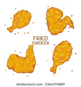 Cartoon set of 4 crispy fried chicken, thigh meat, chicken wings, crunchy fast food delicious food menu inverter illustration.