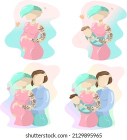 Cartoon set 4 pieces gay lesbian nonconformist couple pregnant with baby