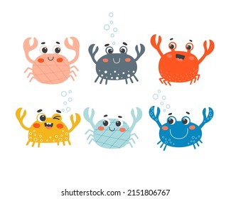 Cartoon set with 6 crabs. Colorful nautical collection. Cute hand-drawn characters for kids. Vector illustration.