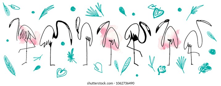 cartoon set of abstract tropical birds and plants. flamingos. toucan bird. line drawing illustration. Aloha set. Hawaii. hand drawn.