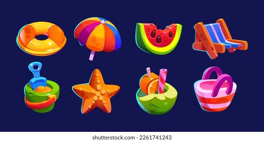 Cartoon set of accessories for summer beach relax isolated on black background. Vector illustration of umbrella, chair, watermelon, tropical cocktail, bag, swim ring, sand bucket, starfish. Game items