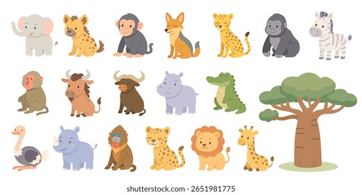 Conjunto de desenhos animados de animais africanos, incluindo leão, elefante, girafa, zebra e rinoceronte, animais africanos projetados em estilo bonito plano, animais africanos perfeitos para visuais com temas de safári.