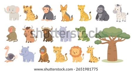 Cartoon set of African animals including lion, elephant, giraffe, zebra, and rhino, african animals designed in flat cute style, african animals perfect for safari-themed visuals.