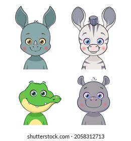 Cartoon set of african animals. Isolated cute baby rhino, zebra, crocodile, hippo. Vector illustration for nursery poster and cards.
